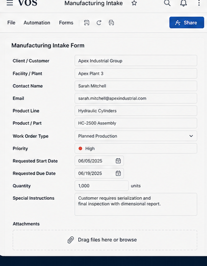 Manufacturing intake form example
