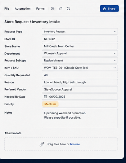 Retail store request form example