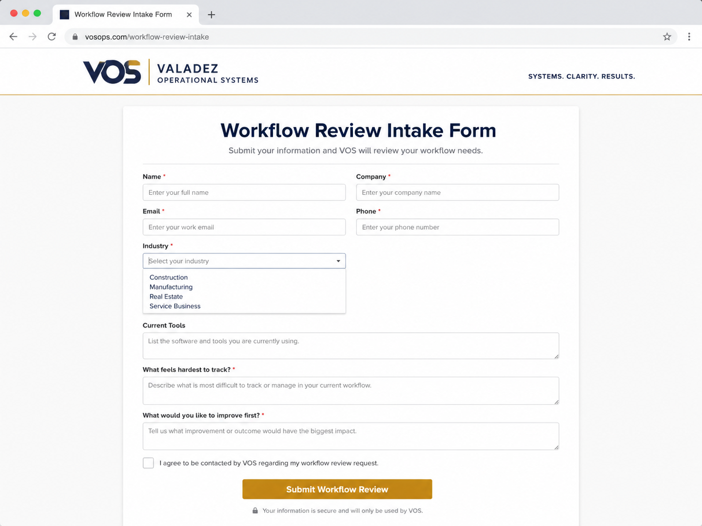 Example workflow review intake form